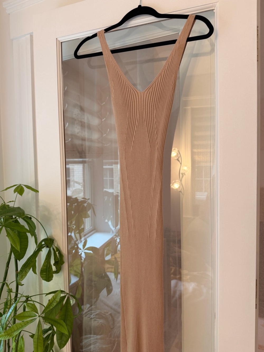 H&M Beige Ribbed V-Neck Maxi Dress